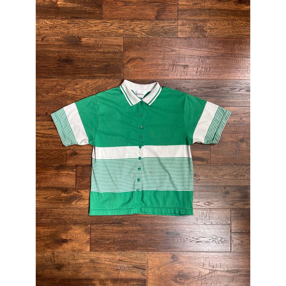 Vintage Clothing - Button Up Polo Green White Stripes - Carriage Court - Medium